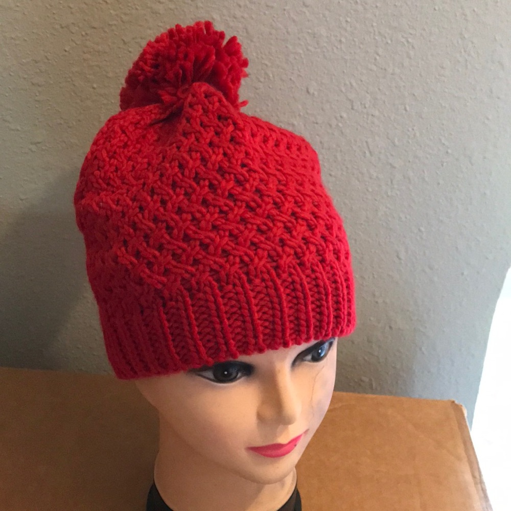Red Knit Winter Beanie with Red Poof ontop - Picture 2 of 3